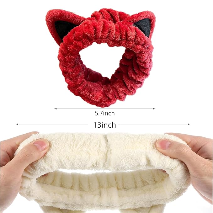 2 Pcs Cat Ears Headband, Cute Spa Headbands for Washing Face Skincare Makeup Headbands for Women Girls Trendy Stuff Present Soft Coral Fleece Hair Accessories(Blue Red)