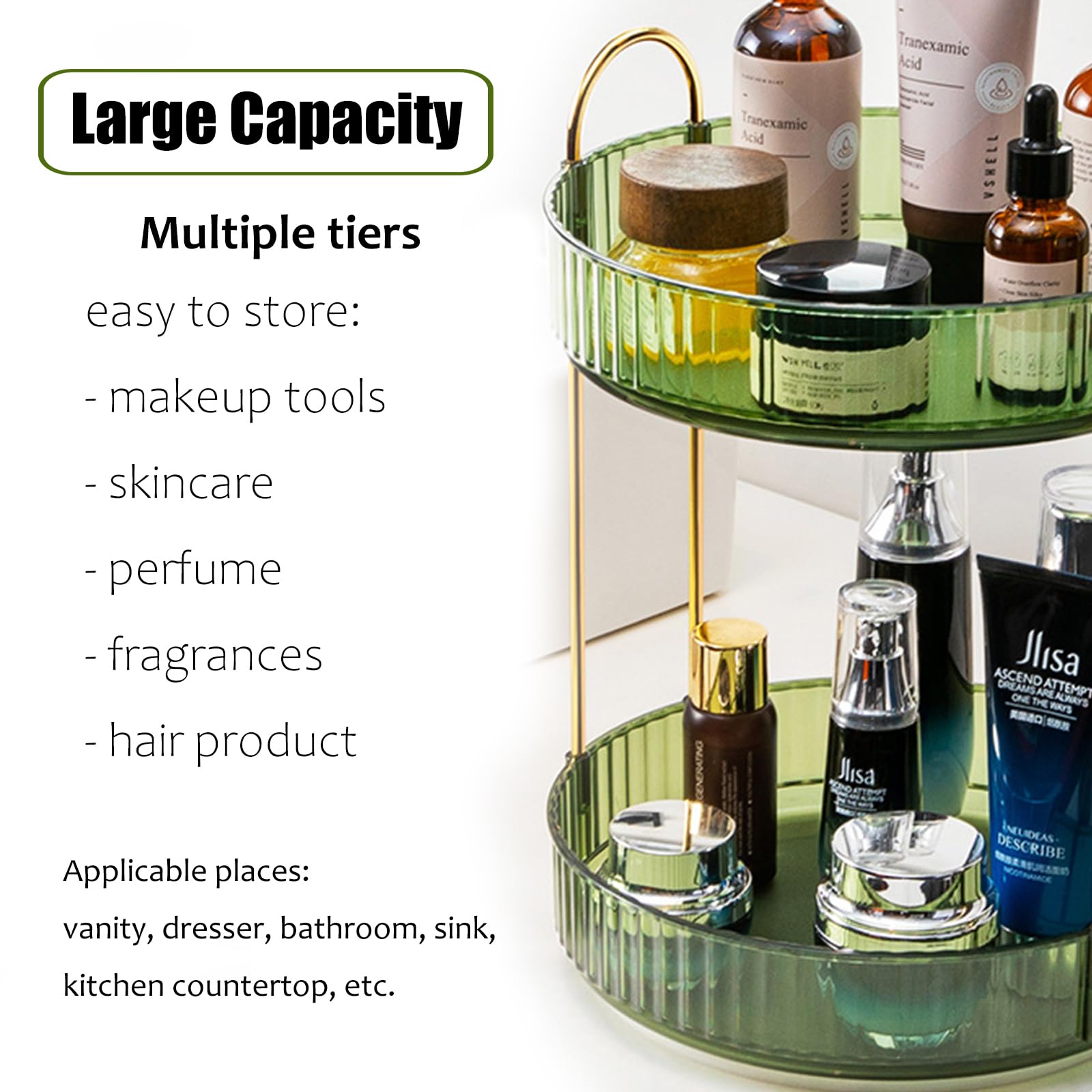 Zufudo Rotating Makeup Organizer Countertop 2 Tier Lazy Susan Trays Clear Skincare Perfume Storage for Bathroom Counter Vanity, Green Gold