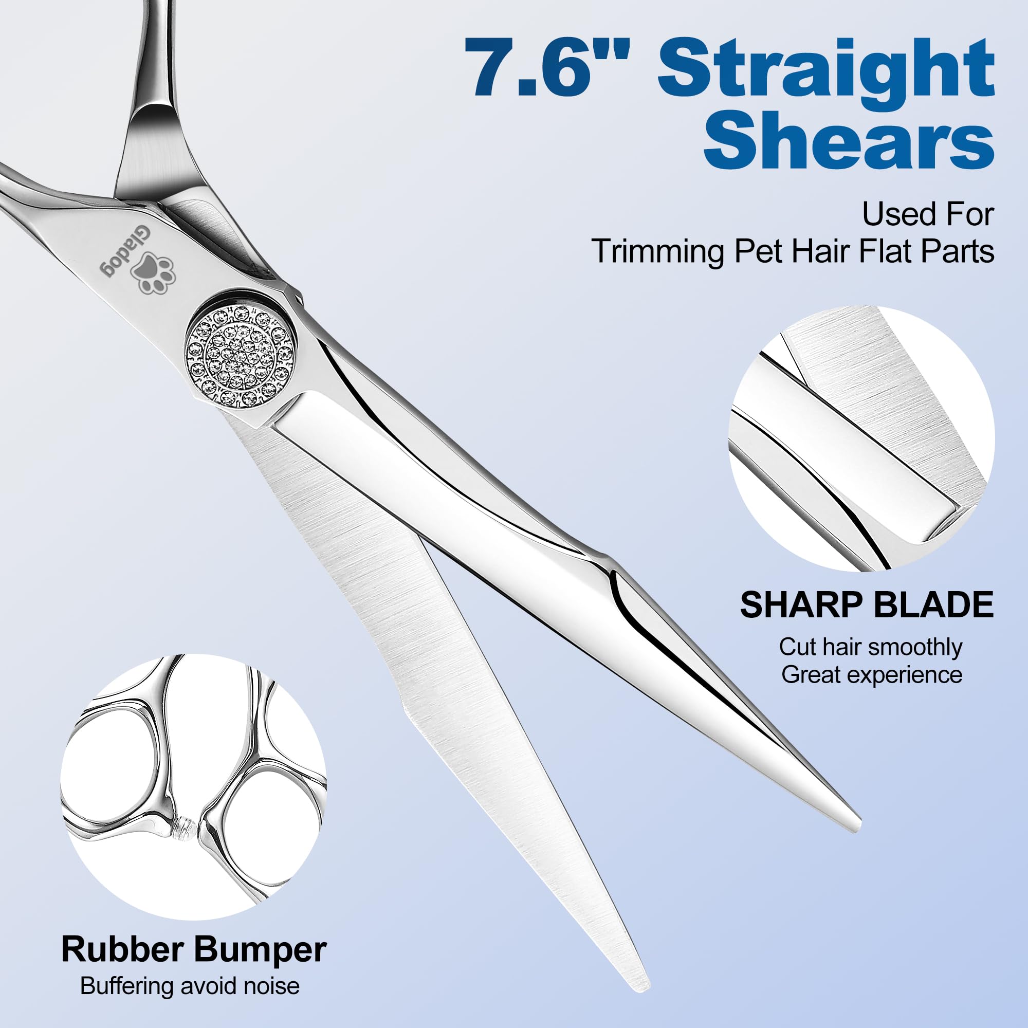 GLADOG Luxury Dog Grooming Scissors Set - 7" Straight, 6.5" Thinning, 7" Chunkers, 7" Curved - 9CR Steel, Silver Luxe, Right Hand, Plastic Handle, 4 Count