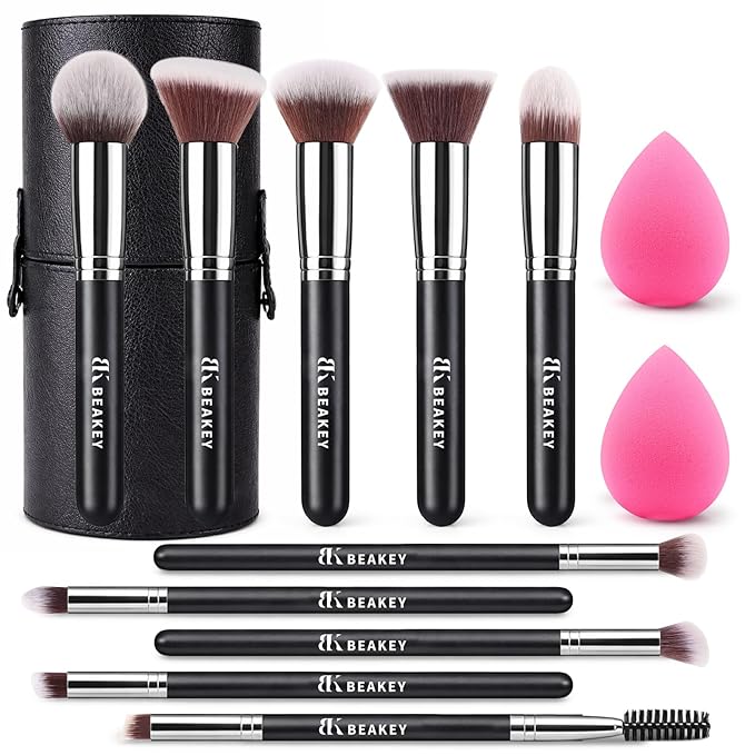 BEAKEY Makeup Brush Set, 13 Pcs with Case, 10 Brushes and 2 Sponges