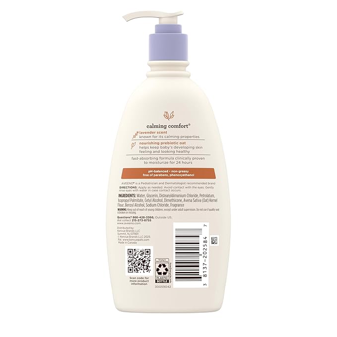 Aveeno Baby Calming Comfort Moisturizing Body Lotion with Relaxing Lavender & Vanilla Scents, Non-Greasy Baby Lotion, Nourishing Prebiotic Oatmeal, & No added parabens 12 fl. oz