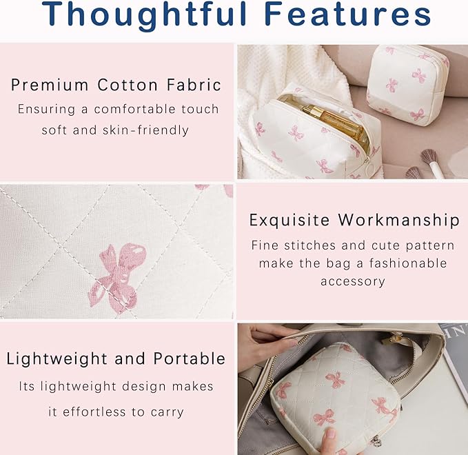 RSRSLEII 2 Pcs Quilted Cotton Makeup Bag Set, Small Aesthetic Cosmetic Bag with Bow Pattern, Cute Makeup Pouch for Purse, Kawaii Trendy Preppy Travel Toiletry Bag for Women and Girls(19 Pink Bow Set)