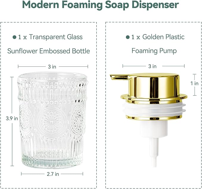 AZMOYAC Glass Foam Soap Dispenser, 8 Oz Face Wash Dispenser for Bathroom, Vintage Glass Clear Foaming Hand Soap Dispenser, Small Refillable Lotion Dish Dispenser for Kitchen (Golden-7 OZ)