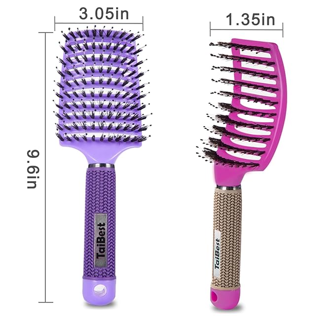 TaiBest Boar Bristle Hair Brush Set - Dry/Wet Hair Brush Detangler for Fine, Thick, Curly Hair - Curved and Vented Brush for Women, Men or Kids (Purple & Rose Red)