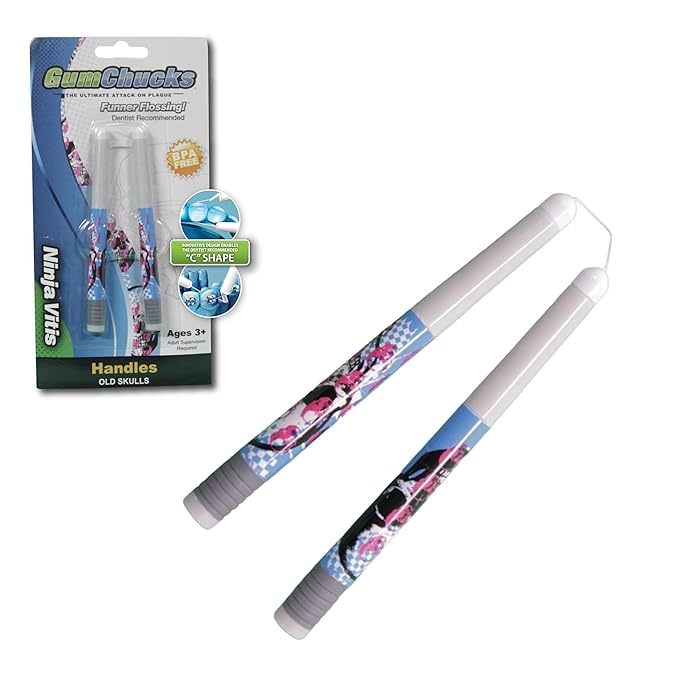 GumChucks Floss Picks for Braces & Tight Teeth – Reusable Dual Handle Flosser – No Hands in Mouth – Easy for Kids, Adults & Seniors (Old Skulls - Ninja Vitis)