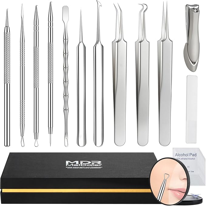 12PCS Professional Salon Grade Blackhead Remover Tool Kit, Comedone Extractor Set for Facial Acne Pimple Blemish Whitehead, Comes with 10X Magnifying Mirror & 20 Alcohol Prep Pads