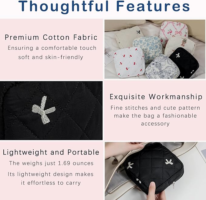RSRSLEII Small Quilted Cosmetic Pouch for Purse, Mini Cotton Makeup Bag with Compartments, Cute Zipper Lipstick Holder for Women (08Black Bow)
