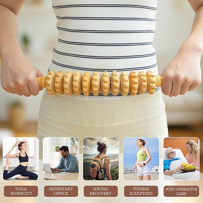 RACOC Curved Wood Therapy Massage Roller Tools,Wooden Lymphatic Drainage Massager,Cellulite Massage Tool & Muscle Roller Stick for Cellulite Reduction,Muscle Tension and Body Shaping