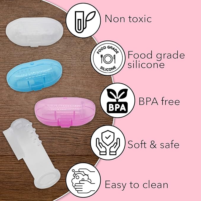 Gadgetime USA Baby Finger Toothbrush Set - Silicone Toddler Toothbrush with 3 Cases in Blue, Pink & Clear - Newborn Oral Massager
