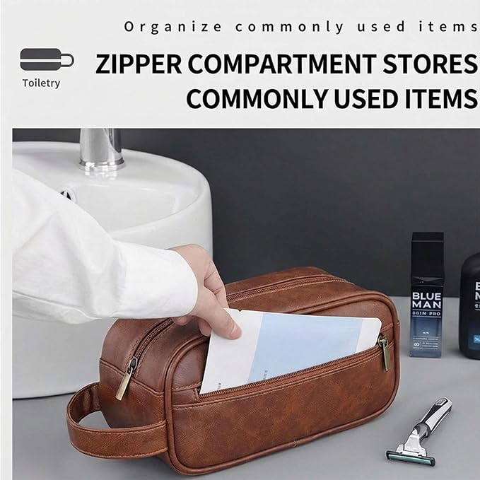 Men’s Toiletry Bag - Vintage PU Leather Kit for Travel - Water-Resistant Shaving Bag,Compact Pouch Gift for Husband, Dad (Khaki)