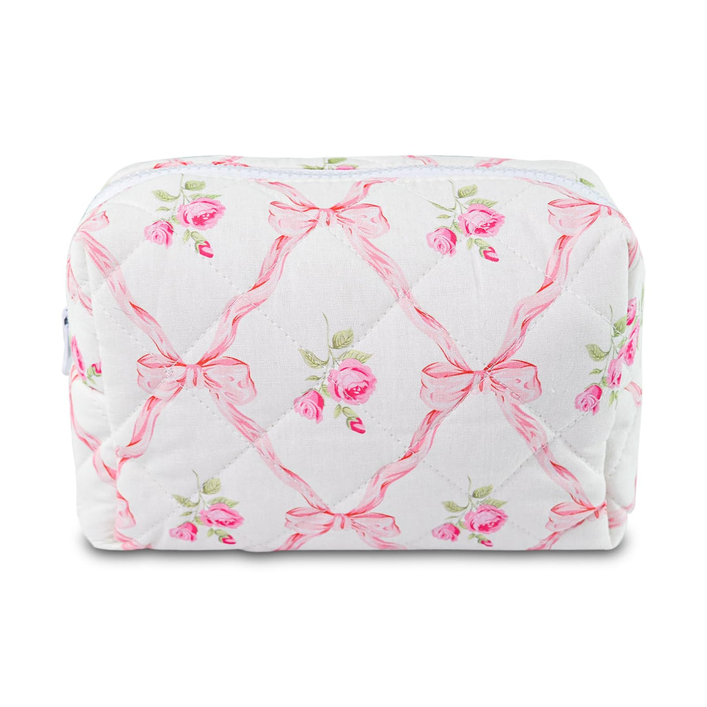 Quilted Makeup Bag Floral Cotton Make up Bag Puffy Coquette Makeup pouch Aesthetic Cute Travel Toiletry Bag for Women Girls