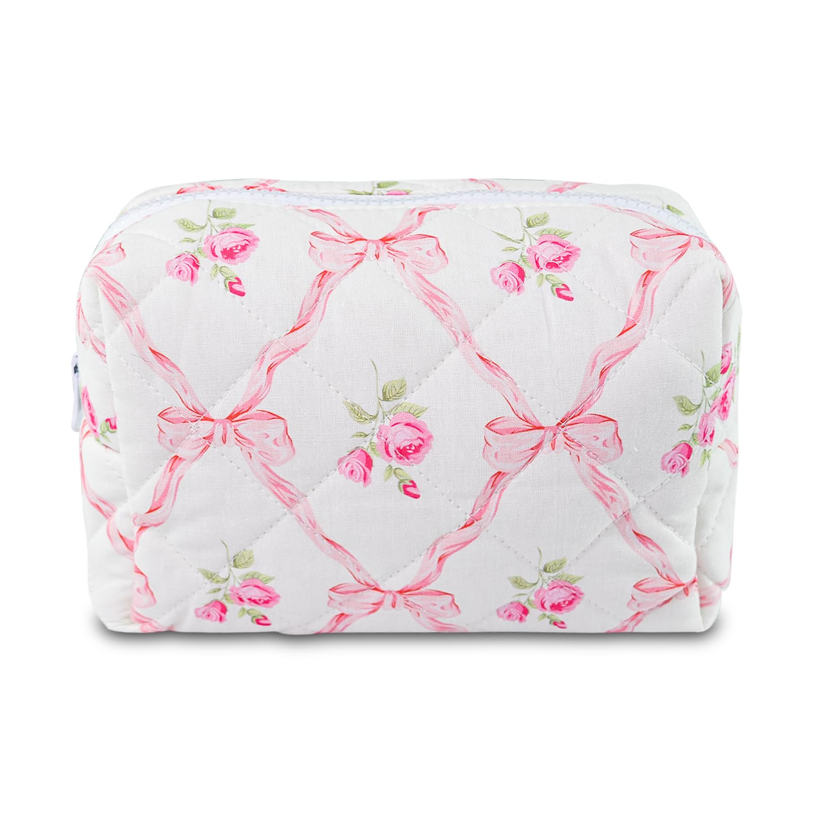 Quilted Makeup Bag Floral Cotton Make up Bag Puffy Coquette Makeup pouch Aesthetic Cute Travel Toiletry Bag for Women Girls