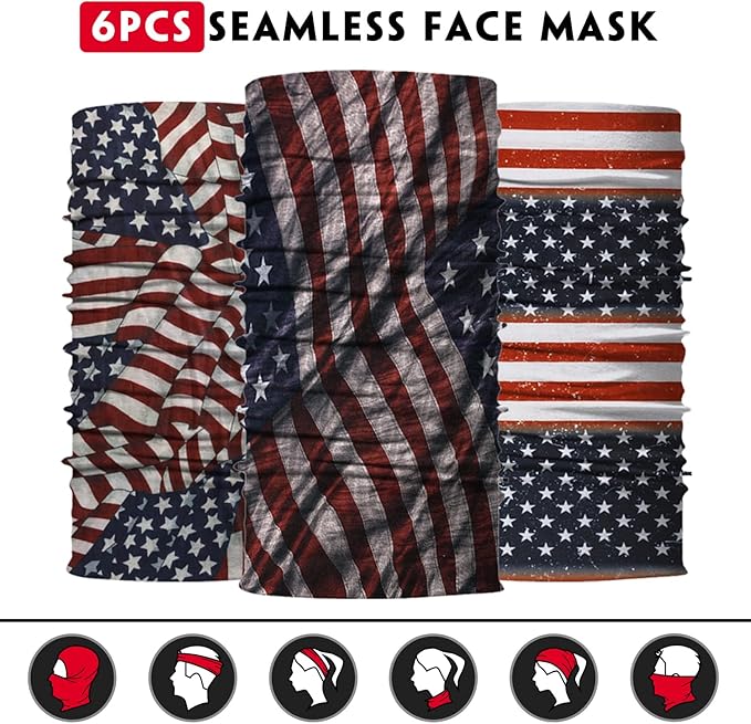 Venswell Neck Gaiter Face Mask Men Women,Seamless Bandana Rave Face Cover Scarf Mask,Balaclava,Headband, Head Wrap,Headwear (A-Blue+Red Flag)