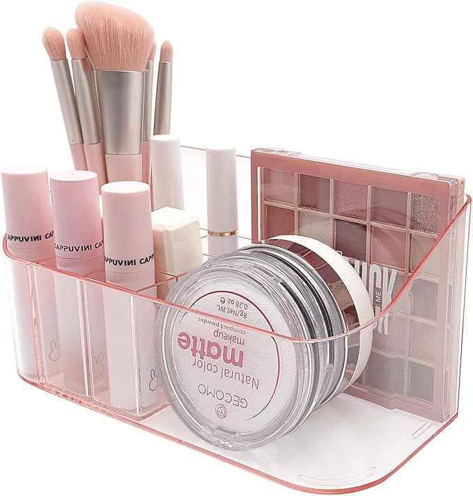 Makeup Tray Holder Organizer Cosmetic Display Case Tabletop Desktop Vanity Countertop Bathroom Wall Cabinet Medicine Storage Box 9 Dividers 2 Removable Women Ladies Girls Gifts Crystal Pink 1 PACK