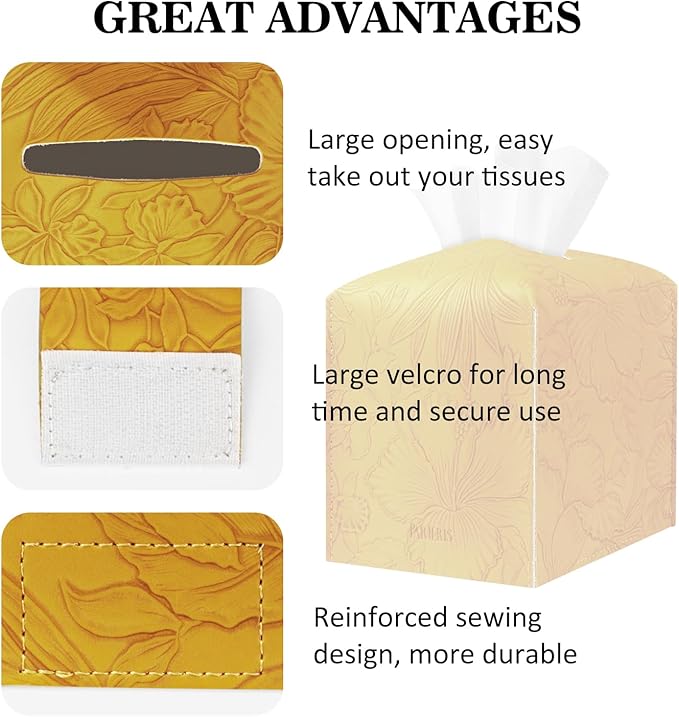 PARIERIS Square Tissue Cube Cover PU Leather Tissue Organizer with Bottom Belt for Bathroom, Tabletop, Kitchen, Night Stands, Office, Home, Car (RetroYellow)
