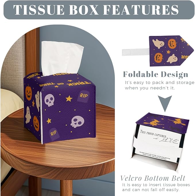 Halloween Tissue Box Cover Funny Cartoon Cute Pumpkin Bat Square PU Leather Waterproof Tissue Box Holder for Bathroom Kitchen Bedroom Vanity Countertop Night Stands