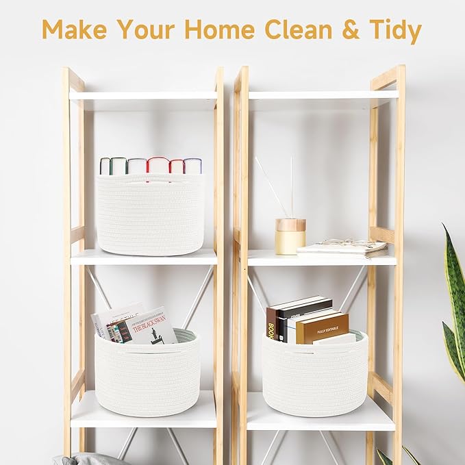 Small Rope Baskets for Storage, Baskets for Gifts Empty, Cute Round Woven Baskets, Decorative Shelf Basket 9.82×9.82×7.1", Cotton Toy Basket Storage Bins for Organizer 3 Packs White