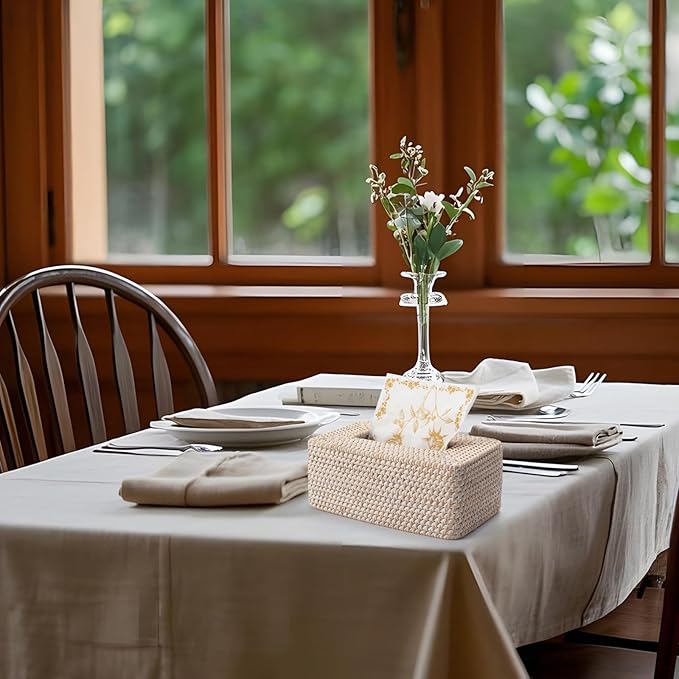 Rattan Tissue Box Cover Natural Woven Facial Napkin Holder Rectangular 10 x 6.1 x 4.1 Inch (White)