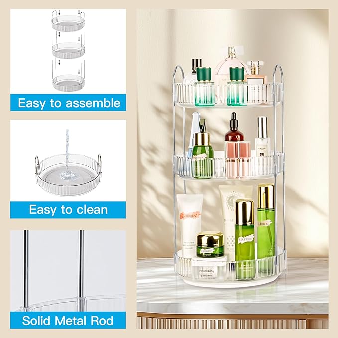 Niluks 360 Rotating Makeup Organizer, 3 Tier Large Capacity Lazy Susan Bathroom Counter Organizer, Skincare Organizers, Spinning Perfume Organizer & Vanity Organizer Countertop (Silver Clear, 3 Tier)