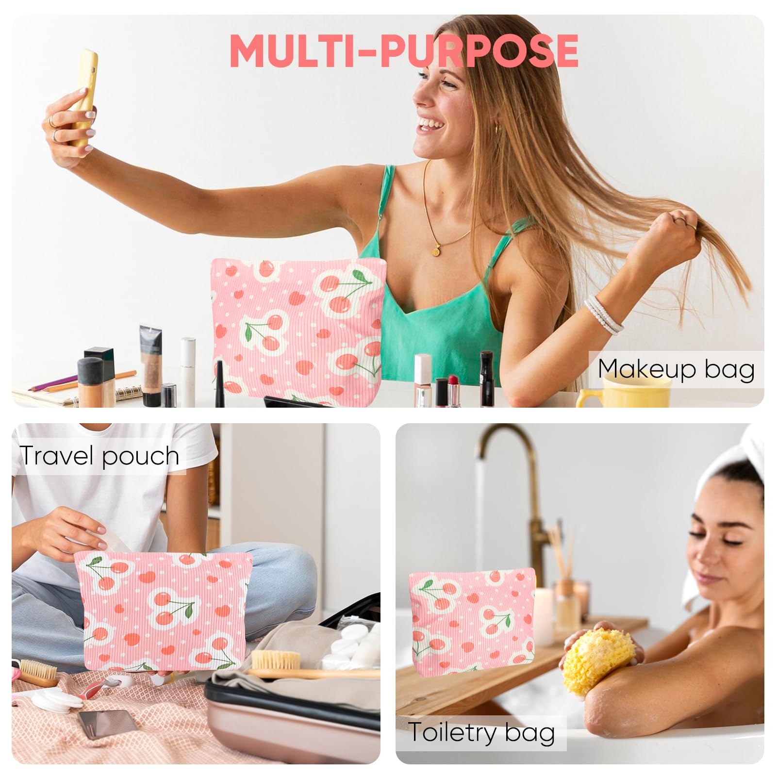 Ksriylm Cute Cherry Makeup Pouch for Women Red Heart Small Make Up Bag for Purse Zipper Initial Makeup Cosmetic Bags Pouches for Purse Aesthetic Travel Toiletry Bags, Pink Cherries Hearts