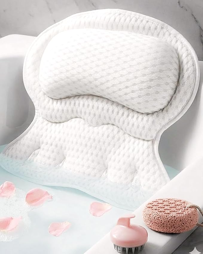 Luxury Bath Pillow for Tub – Neck & Back Support with Soft 4D Mesh, Non-Slip Suction Cups, Spa Gift Set with Exfoliating Sponge & Scalp Massager