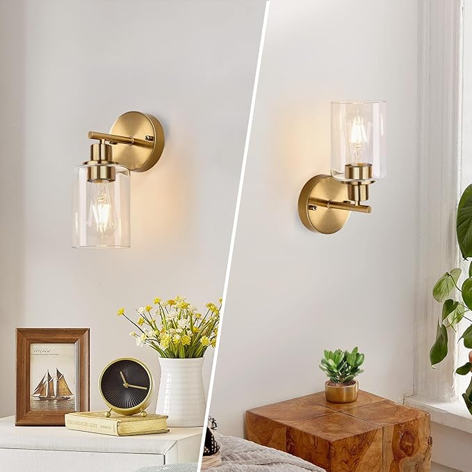 Zarbitta Set of 2 Wall Sconces for Bathroom, Brushed Gold Modern Vanity Lights with Clear Glass Shade,Bathroom Wall Lamp for Mirror Kitchen Living Room Hallway Cabinet Porch