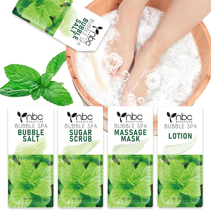 nbc BeautiLab Pedicure Kit Foot Soak Set: Bubble Salt, Sugar Scrub, Massage Mask, Massage Lotion in a Box, 4 Step Foot Spa Kit for Dry Feet, Calluses and Tired Feet(1 Set Peppermint)