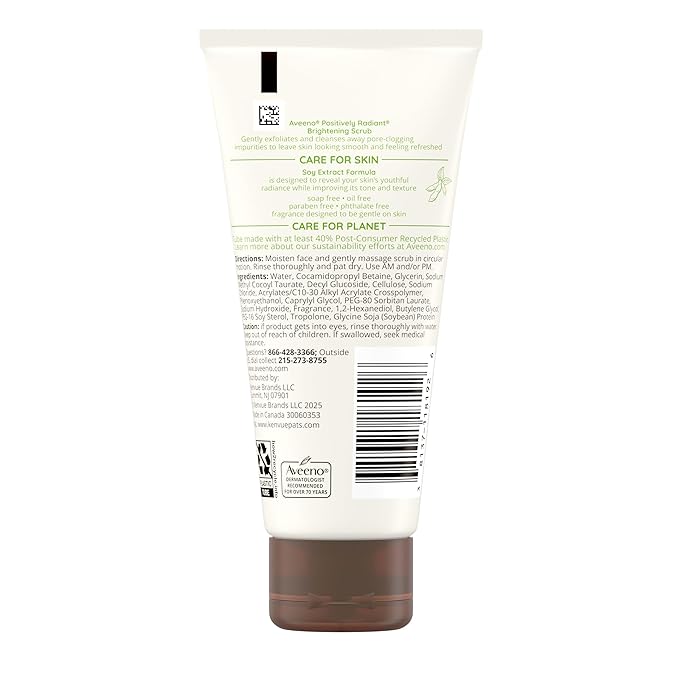 Aveeno Positively Radiant Skin Brightening Exfoliating Daily Facial Scrub, Moisture-Rich Soy Extract, helps improve skin tone & texture, Oil-& Soap-Free, Hypoallergenic, Travel Size, 2 oz
