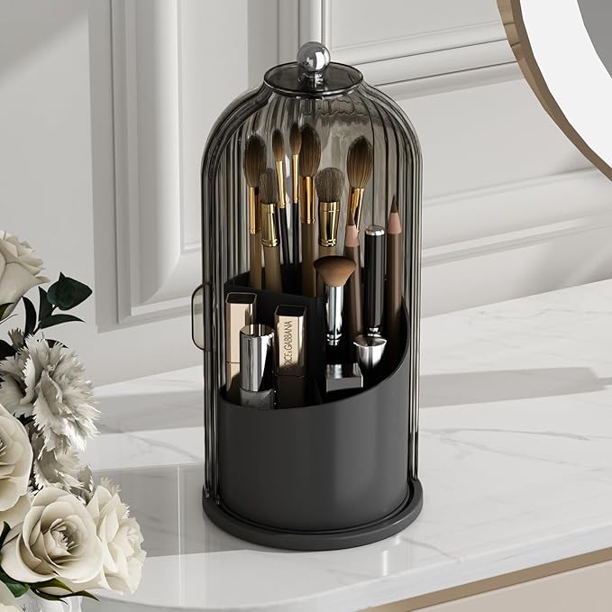 GAXmi Makeup Brush Holder with Lid Rotating Cosmetic Organizer, Black-Grey