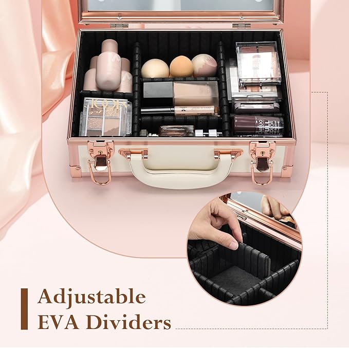 Faquenc Makeup Train Cases with Light Up Mirror 3 Color Setting, Lighted Makeup Case Organizer with Detachable Tray, Travel Makeup Box with Light for Make up Tools Storage (White & Gold)