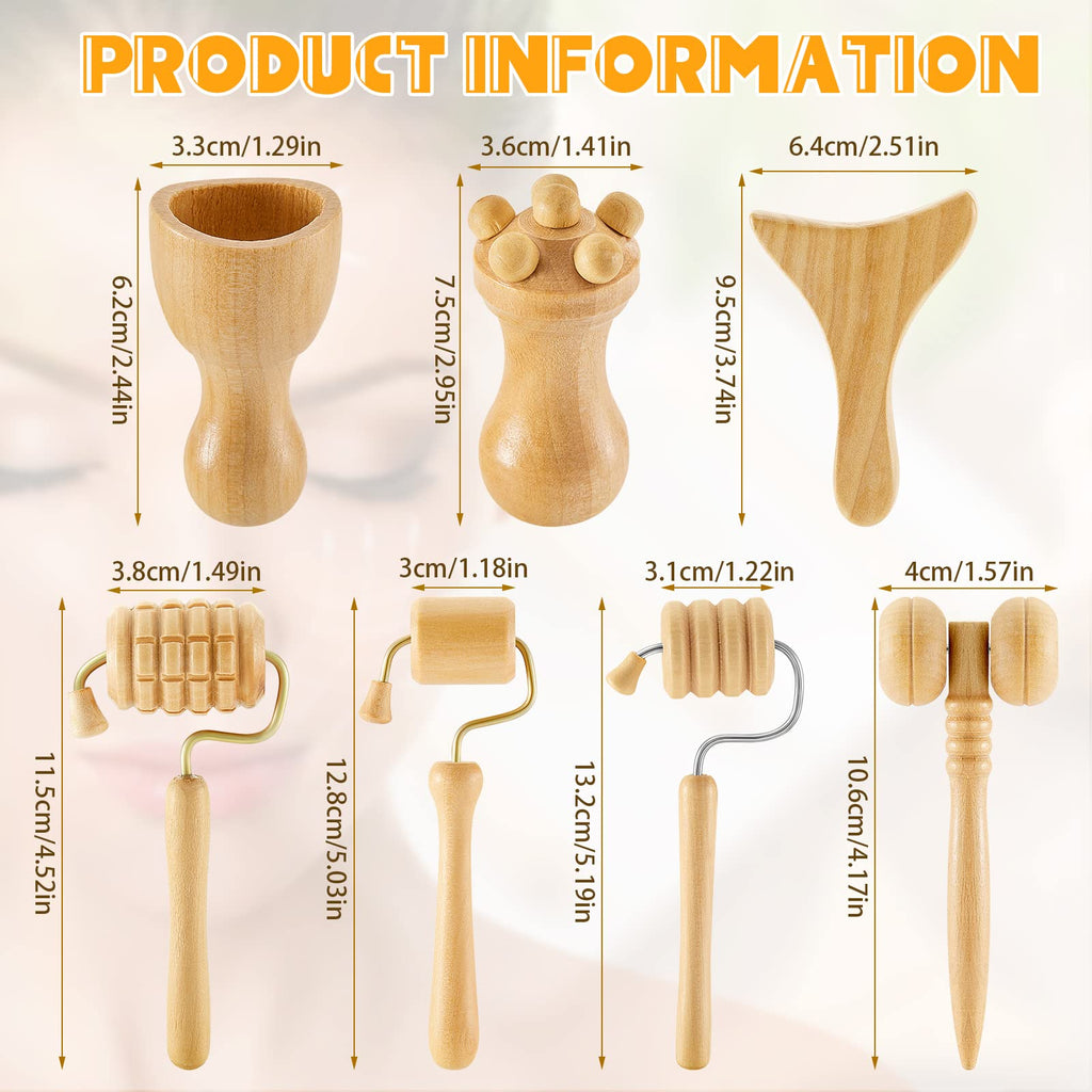 Boao 7 Pcs Wood Therapy Massage Tools Set, Wooden Face Massage Tool & Roller Kit for Lymphatic Drainage Care, At-Home Relaxation & Facial Care, Natural Wood
