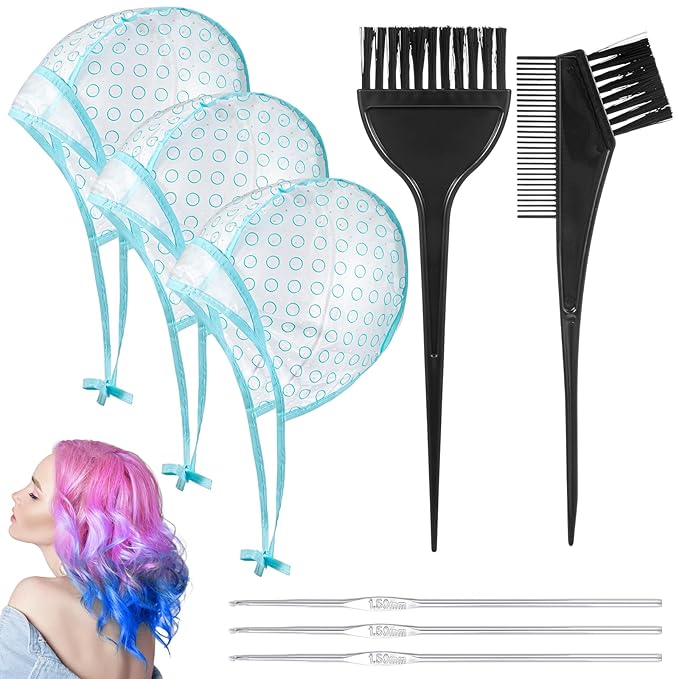 8 Pcs Hair Highlighting Cap,Highlights Caps for Hair,Highlight Caps for Hairs with 3 Metal Hook and 2 Hairs Dye Comb & Brush for Salon & DIY Dyeing