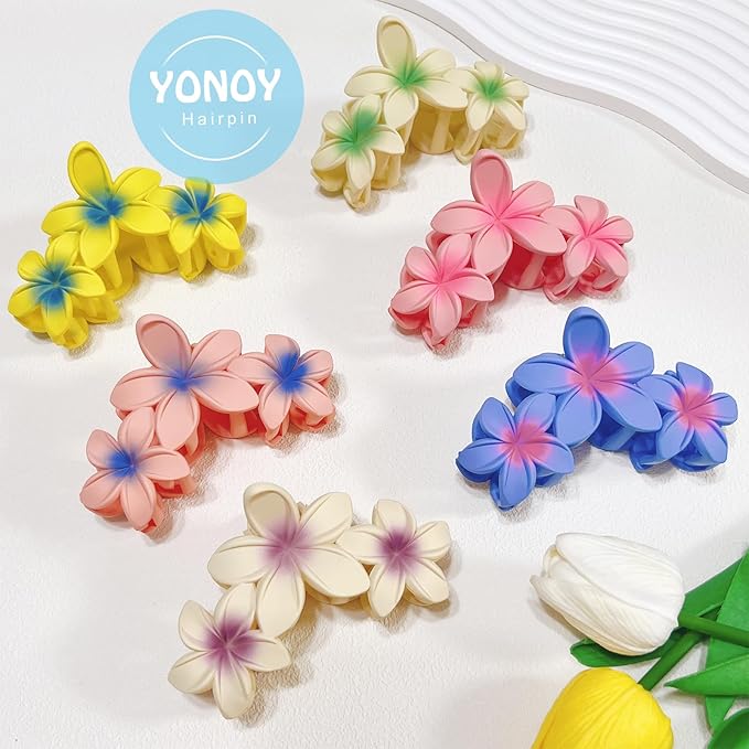 YONOY 6Pcs Flower Hair Clips for Women,Non-Slip Matte Flower Hair Clips for Women,Hawaiian Hair Flower Clip Large Plumeria Strong Hold Hair Claws Banana Cute Clip Beach Hair Accessories