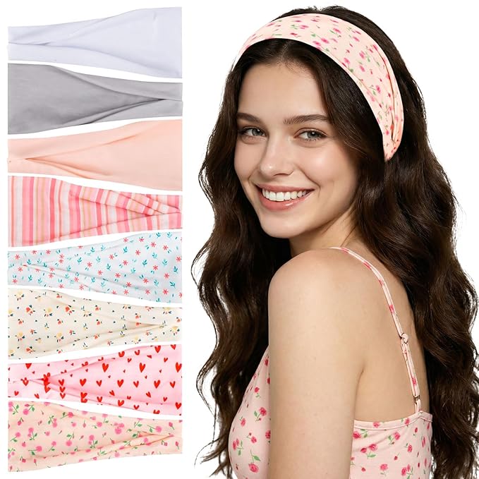 obeoby 8 Pack Pink Cute Headbands for Girls Daughter, Floral Stripe Headbands for Summer Outfit Non Slip Wide Headband Beach Gifts