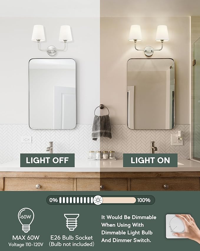 2-Light Bathroom Light Fixtures, Brushed Nickel Vanity Lights, Double Wall Sconce with Flared White Fabric Shade, Modern Sconces Wall Lighting for Hallway Bedroom Stairway, VL837-BN-2