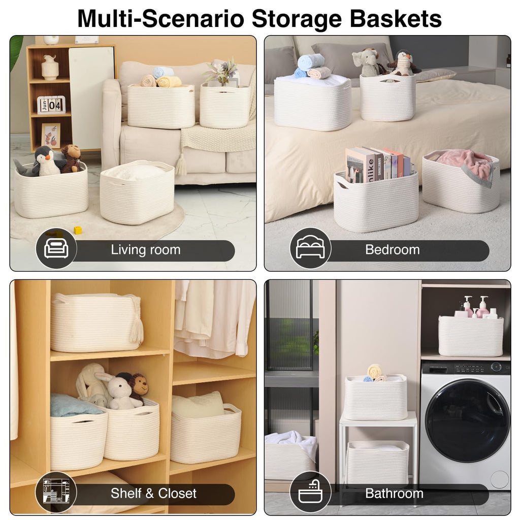 ICERZCZ Storage Baskets for Organizing & Shelves, Woven Cotton Rope Organization Bins for Dog Toys, Clothes, Books, Nursery Organizer, 15"Lx11''Wx9.5''H, (4 Packs) Off White