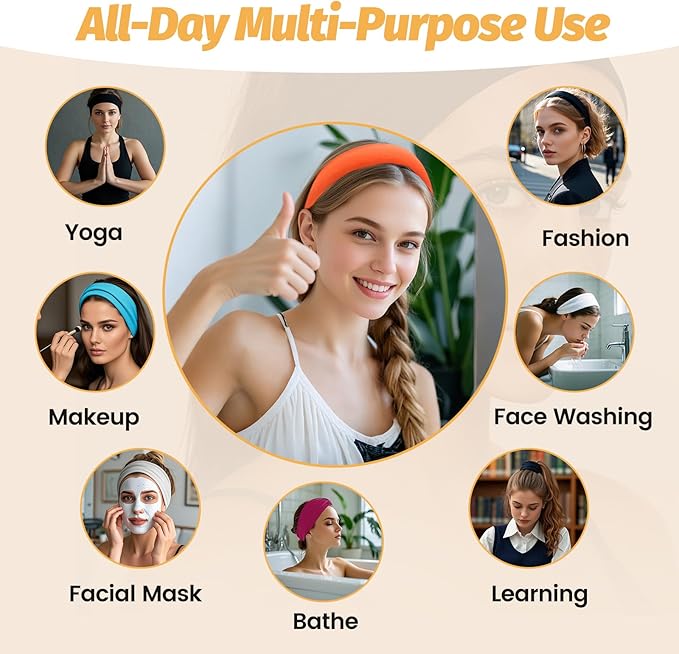HSEM Headbands for Women - 6 Pack Wide Elastic Hairbands | Ultra-Soft Moisture Wicking Sports Headband | Non-Slip Accessories Bands for Fashion (Orange Blue Grey White RoseRed Black)