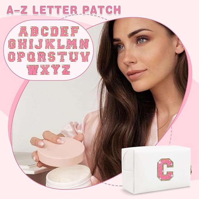 Small Personalized Initial A-Z Patch Makeup Bag,White Cute PU Leather Glitter Letter Cosmetic Bag for Teen Girls,Travel Toiletry Bag with Zipper,Preppy Monogrammed Birthday Gift for Daughter Niece C