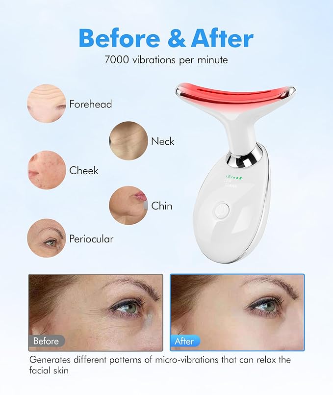 SDKWDH Red Light Therapy for Face and Neck, 7 Color Face Massager Tool for Wrinkles, Double Chin, Vibrating Facial Massager with Thermals for Skin Care, Gifts for Women Men, Glossy White