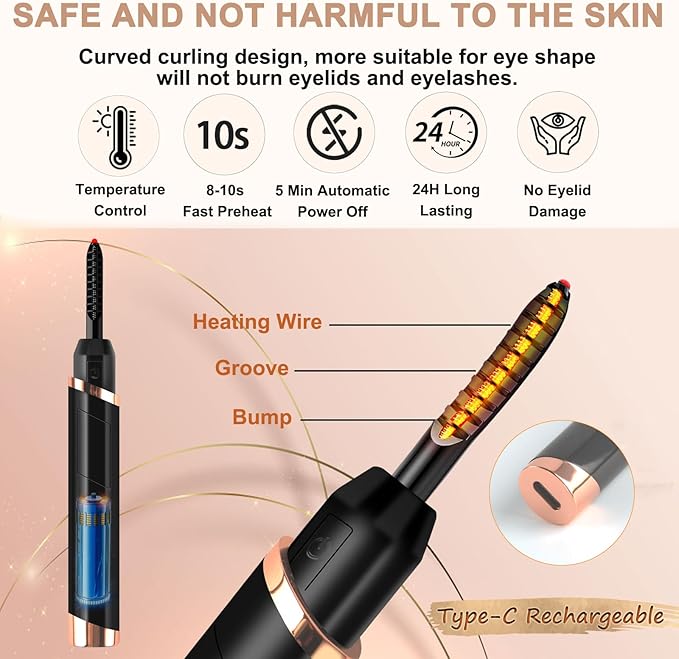 Heated Eyelash Curler, Electric Eyelash Curler, Rechargeable Lash Curler for Makeup Natural Curling Eye Lashes and 24 Hours Long Lasting - Black 2026 Updated New Model