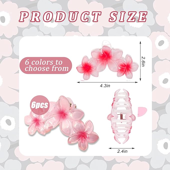 YONOY 6Pcs Flower Hair Clips for Women,Non-Slip Flower Hair Clips for Women,Hawaiian Hair Flower Clip Large Plumeria Banana Cute Clip Beach Hair Accessories (Pearlescent gradient color)