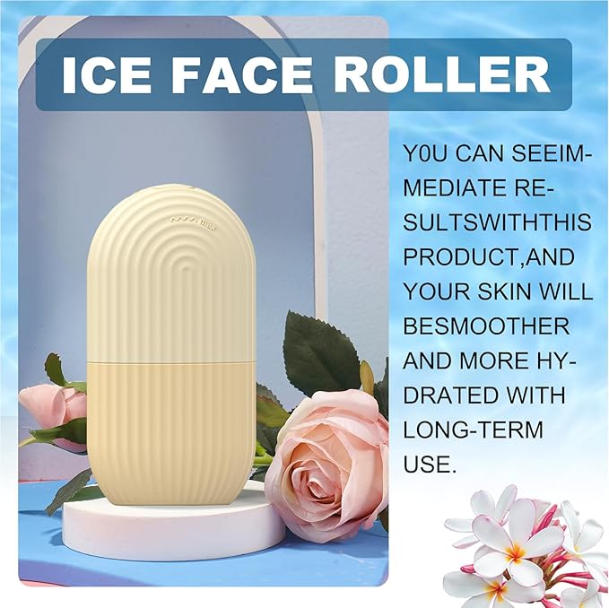 Joyeee Ice Face Roller, Reusable Silicone Mold Face Massage Eye Facial Beauty Skin Care Tools Apply Ice for Shrink Pores Anti Wrinkle Reduce Puffiness Improve Skin Elasticity, Striped, Yellow