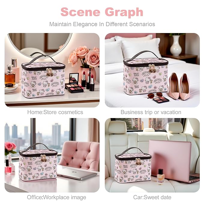 Vimanllie Cosmetic Bag Large Makeup Bag,Travel Toiletry Bags Organizer for Women,Pink Canvas Case with Brush Holder for Girls - Beauty Organizer for Home & Travel with Handle Cartoon Cute