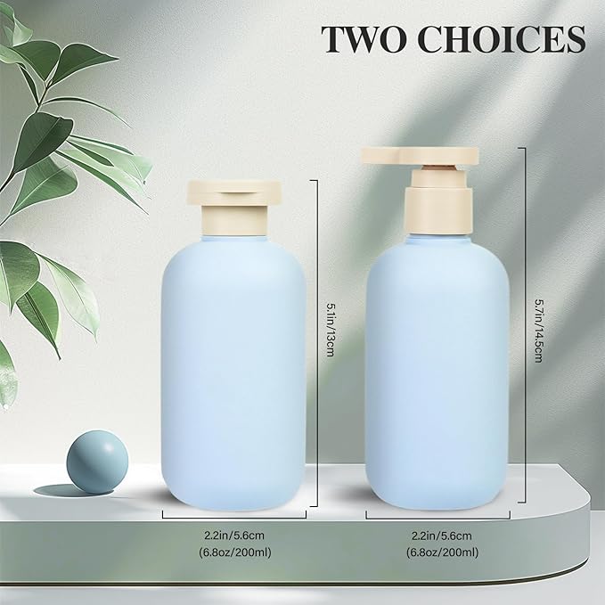 ShanySheny 6.8oz Refillable Shampoo and Conditioner Bottles, 2PCS Squeezable Travel Shampoo Bottles with Flip Cap and 2PCS Pump Dispenser and Labels