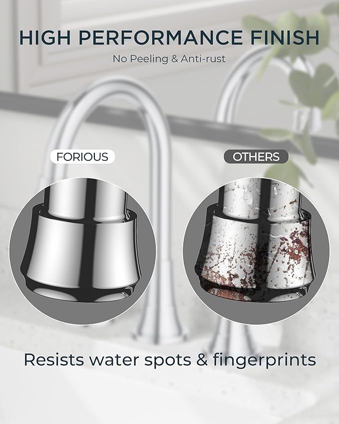 FORIOUS Chrome Bathroom Faucet Vanity 3 Holes, 8 Inch Widespread Polished Chrome Faucet for Bathroom Sink 3 Piece with Pop-up Drain and 360 Degree Swivel Spout, Silver Rv Lavatory Tap