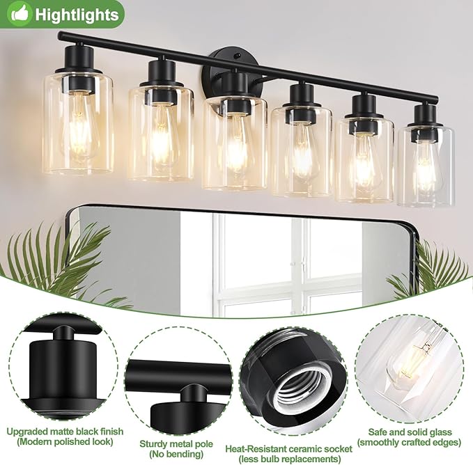 Zarbitta 6-Light Bathroom Light Fixtures, Black Modern Vanity Lights with Clear Glass Shade, Bathroom Wall Lamp for Mirror Kitchen Living Room Hallway Cabinet