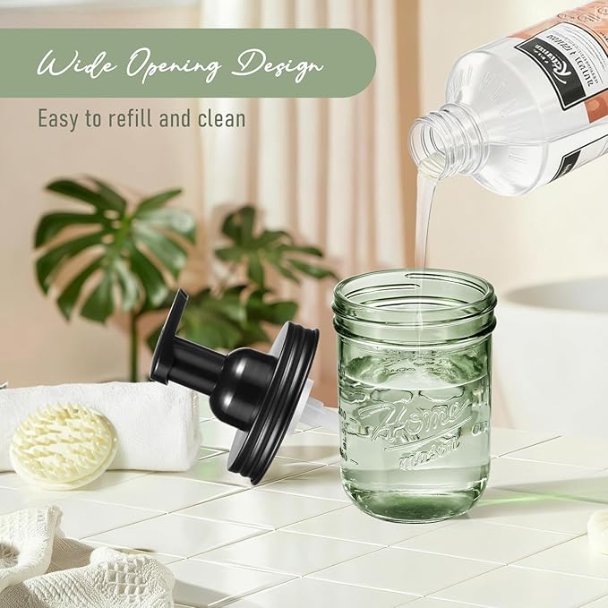 SheeChung Mason Jar Foaming Soap Dispenser, Stainless Steel Lid, BPA Free Pump, Green Glass Foam Hand Soap Dispenser, 16Oz Refillable Liquid Foam Dispenser Bottle for Bathroom Kitchen, Dish Soap-Black