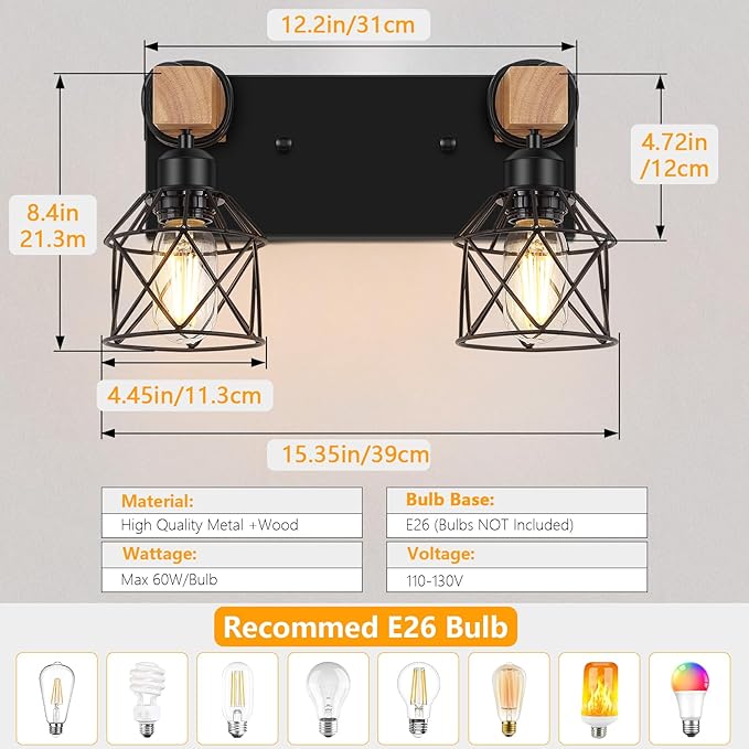 FadimiKoo 2-Light Bathroom Light Fixtures, Farmhouse Wood Vanity Wall Light
