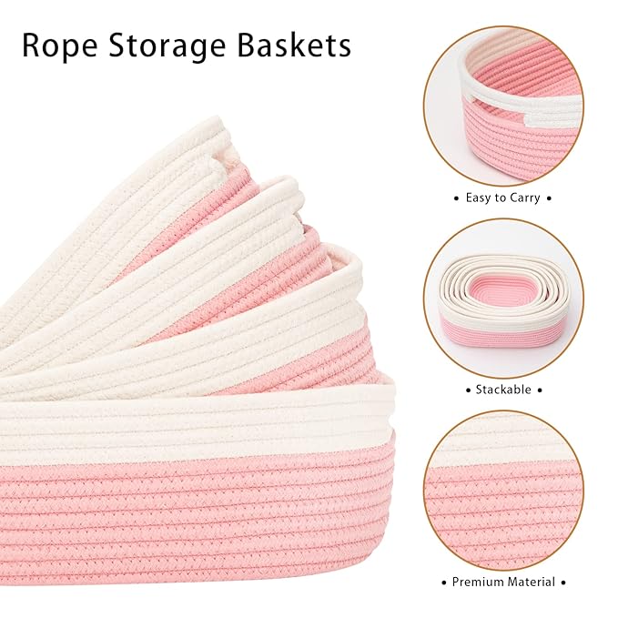 HLWDFLZ 7 Piece Cotton Rope Woven Basket Set - Small Basket for Baby Nursery, Pets, Montessori, Dog & Cat Toy Boxes, Bathroom Organization Bins (White/Pink)