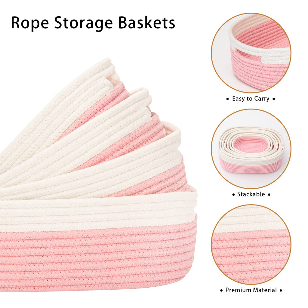 HLWDFLZ 7 Piece Cotton Rope Woven Basket Set - Small Basket for Baby Nursery, Pets, Montessori, Dog & Cat Toy Boxes, Bathroom Organization Bins (White/Pink)